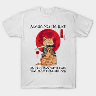 Cat Samurai Old Man With Cat T-Shirt